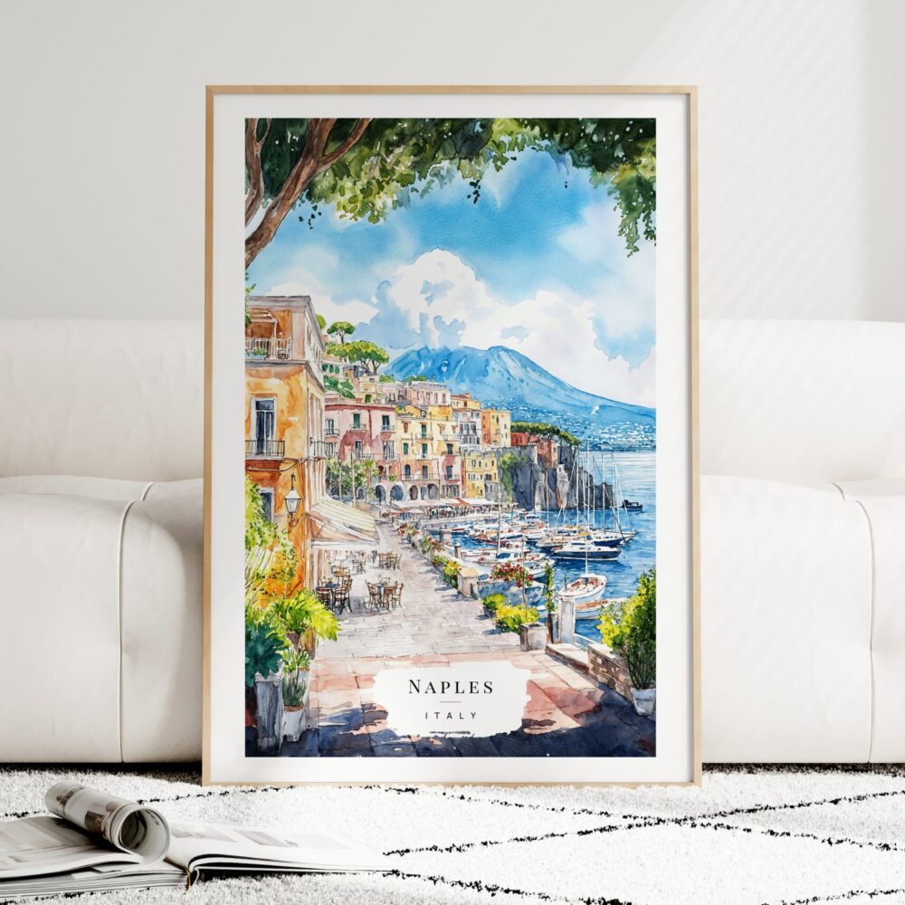 Naples Italy Watercolor Art Print - Wood Frame standing on Floor Naples Italy Watercolor Art Print - Wood Frame standing on Floor