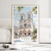 Notre Dame Cathedral Watercolor Art Print - Wood Frame standing on Floor