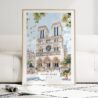 Notre Dame Cathedral Watercolor Art Print - Wood Frame standing on Floor