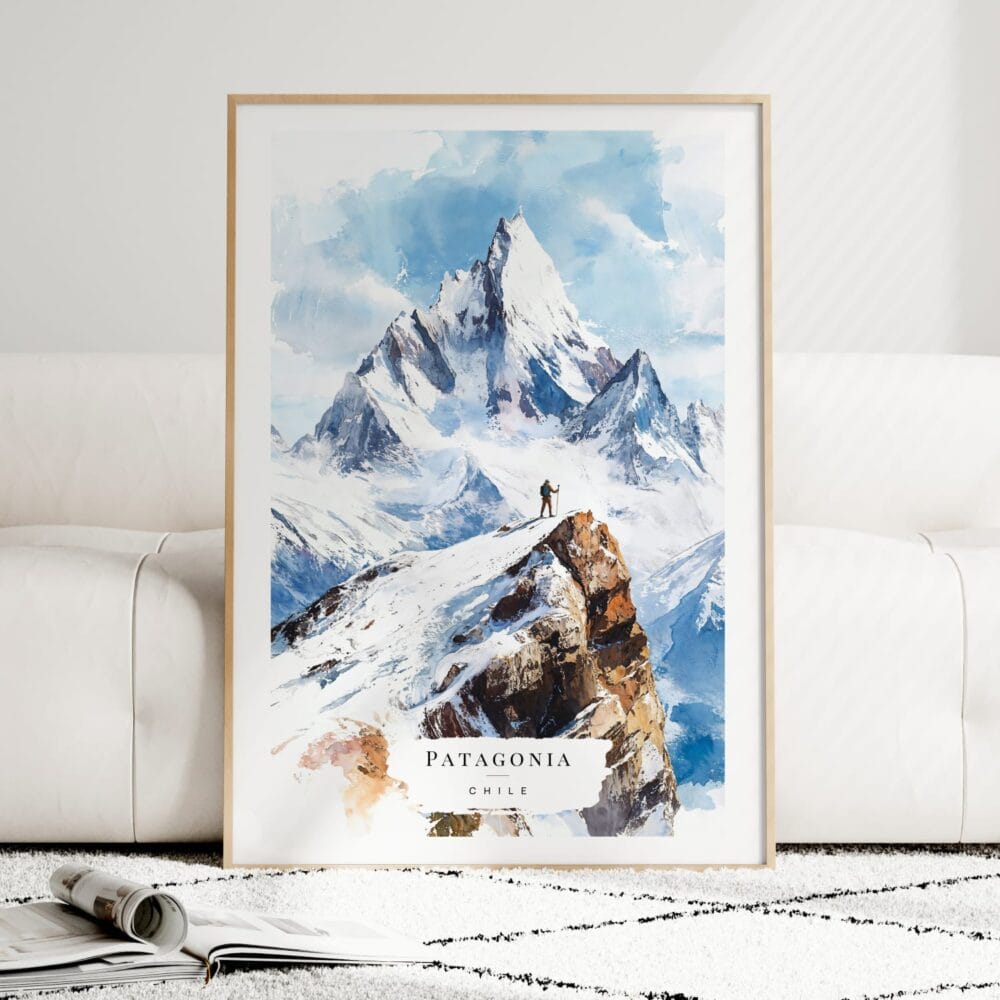Patagonia Chile Watercolor Art Print - Wood Frame standing on Floor Patagonia Chile Watercolor Art Print - Wood Frame standing on Floor