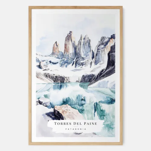 Patagonia Torres Del Paines Watercolor Art Print - Main - Wood Frame