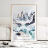 Patagonia Torres Del Paines Watercolor Art Print - Wood Frame standing on Floor