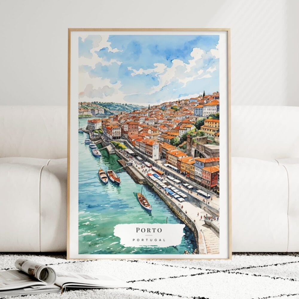 Porto Skyline Watercolor Art Print - Wood Frame standing on Floor Porto Skyline Watercolor Art Print - Wood Frame standing on Floor