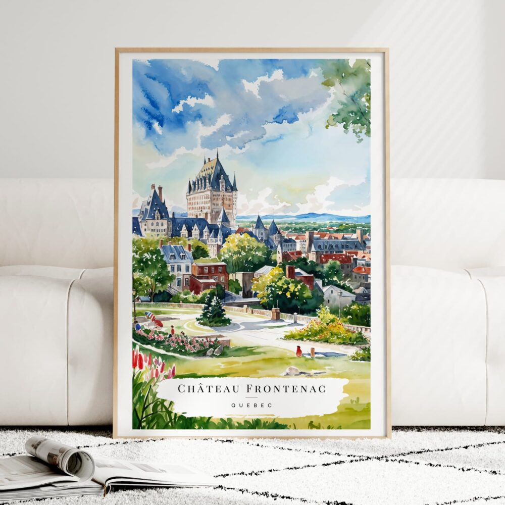 Quebec Château Frontenac Watercolor Art Print - Wood Frame standing on Floor Quebec Château Frontenac Watercolor Art Print - Wood Frame standing on Floor