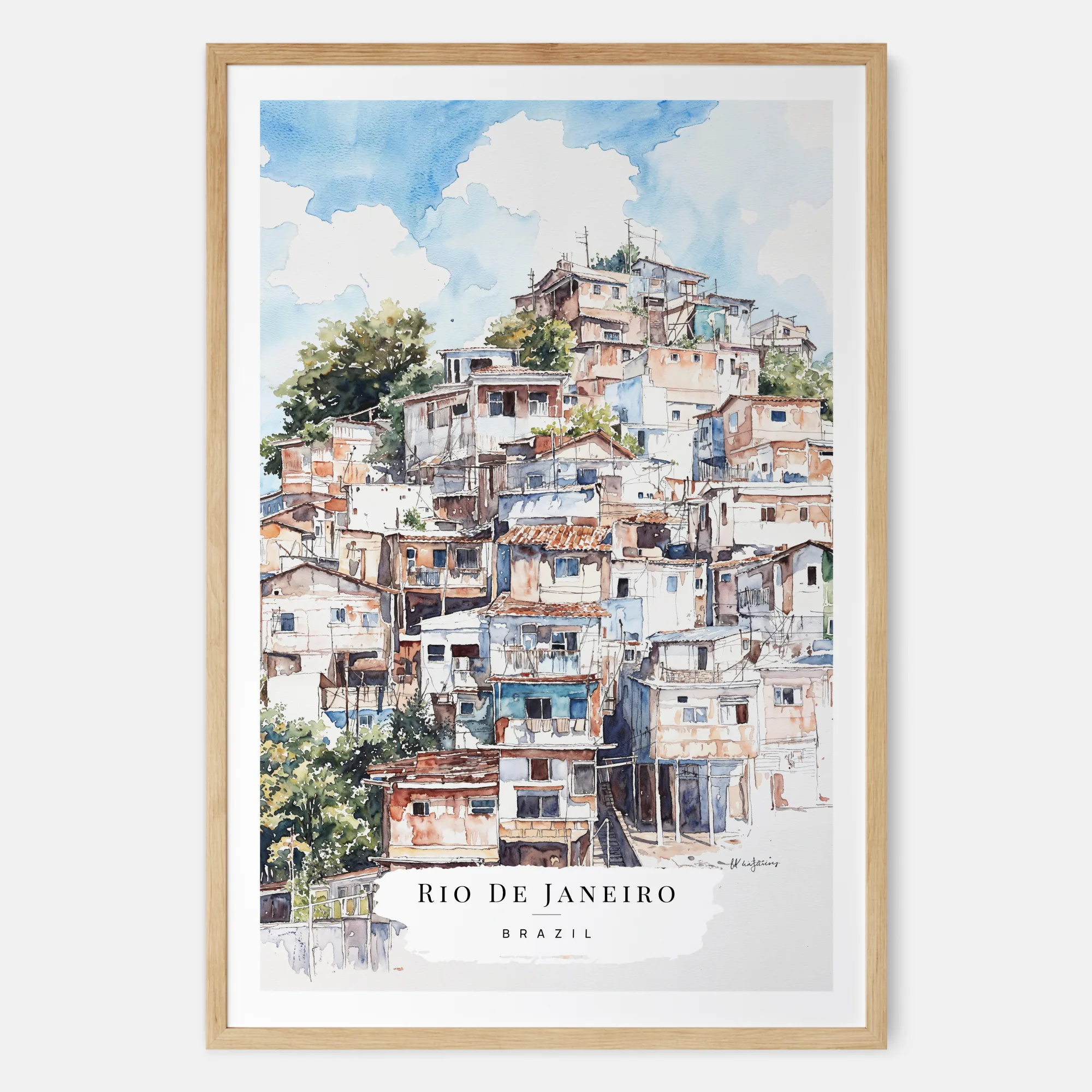 Rio De Janeiro Watercolor Painting - Fevela Houses Art Print