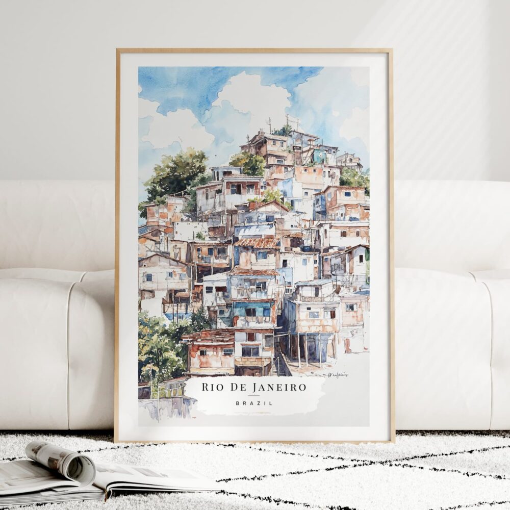 Rio De Janeiro Favela Watercolor Art Print - Wood Frame standing on Floor Rio De Janeiro Favela Watercolor Art Print - Wood Frame standing on Floor