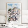 Rio De Janeiro Favela Watercolor Art Print - Wood Frame standing on Floor