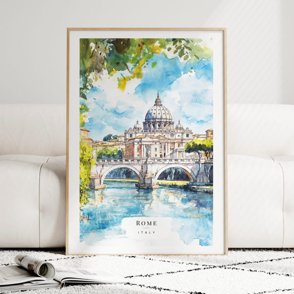 Rome Italy Watercolor Art Print - Wood Frame standing on Floor Rome Italy Watercolor Art Print - Wood Frame standing on Floor