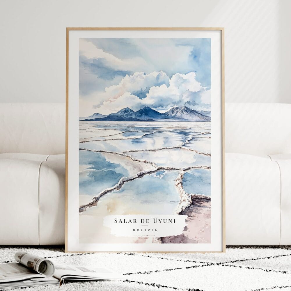 Salar de Uyuni Watercolor Art Print - Wood Frame standing on Floor Salar de Uyuni Watercolor Art Print - Wood Frame standing on Floor