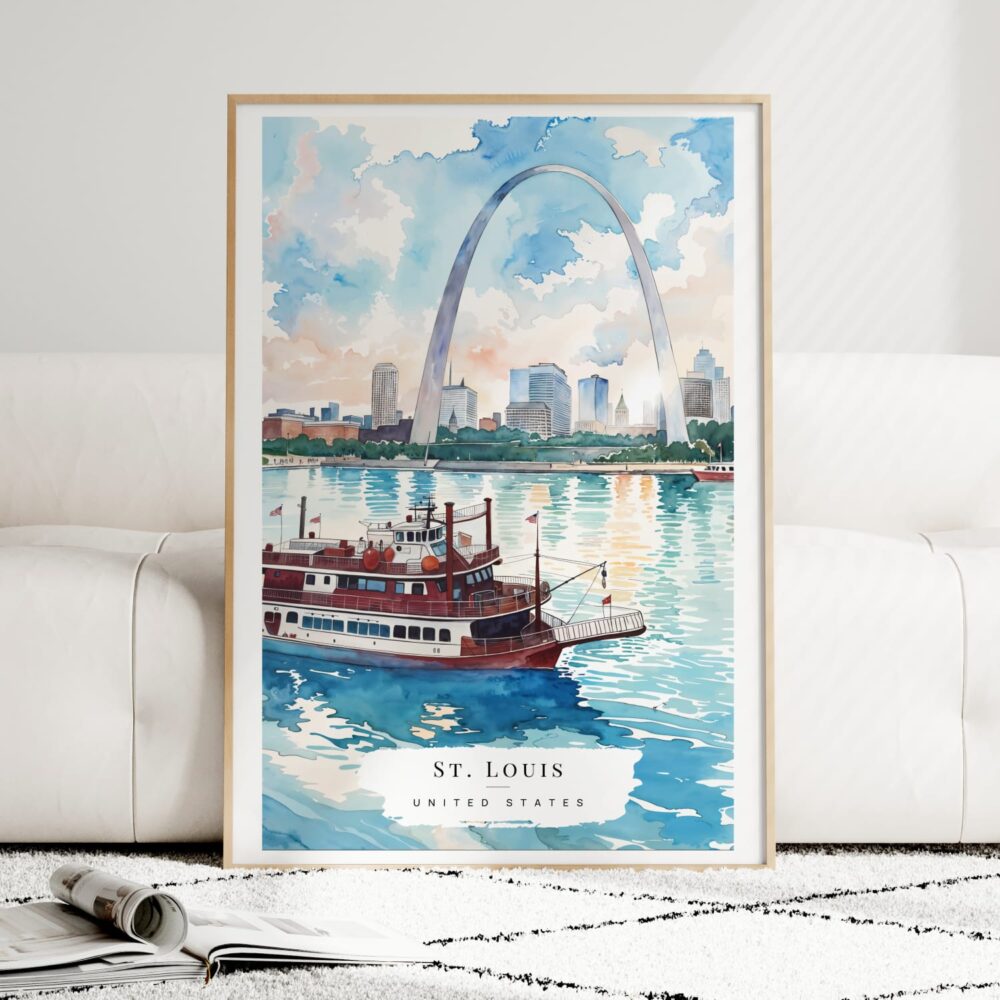 St Louis Skyline Watercolor Art Print - Wood Frame standing on Floor St Louis Skyline Watercolor Art Print - Wood Frame standing on Floor