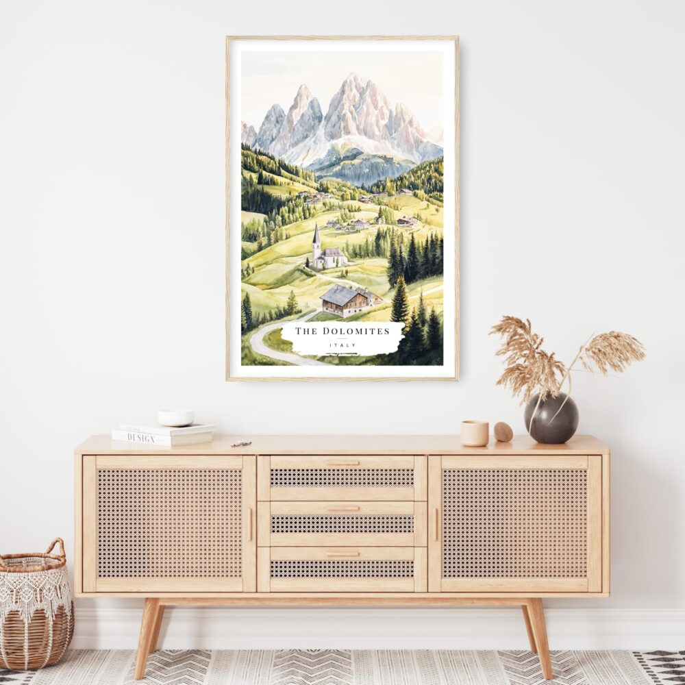 The Dolomites Watercolor Art Print - Shelf - Portrait The Dolomites Watercolor Art Print - Shelf - Portrait