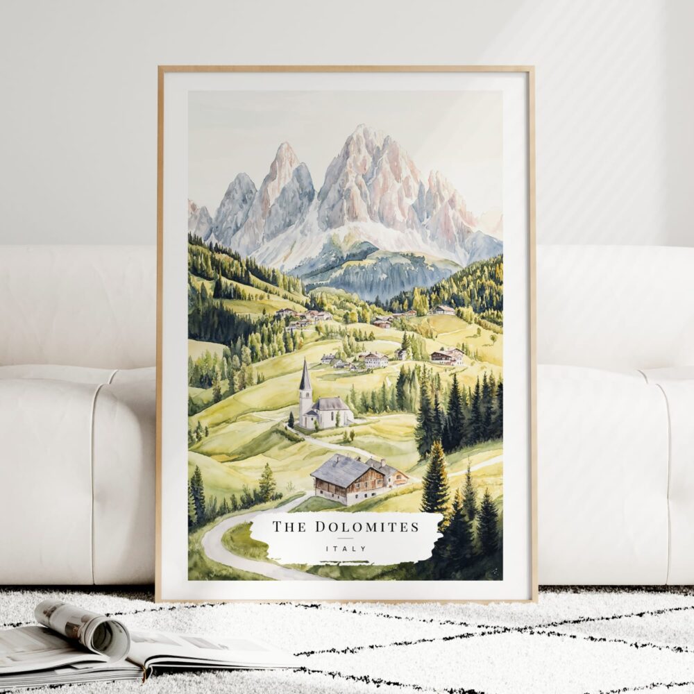 The Dolomites Watercolor Art Print - Wood Frame standing on Floor The Dolomites Watercolor Art Print - Wood Frame standing on Floor