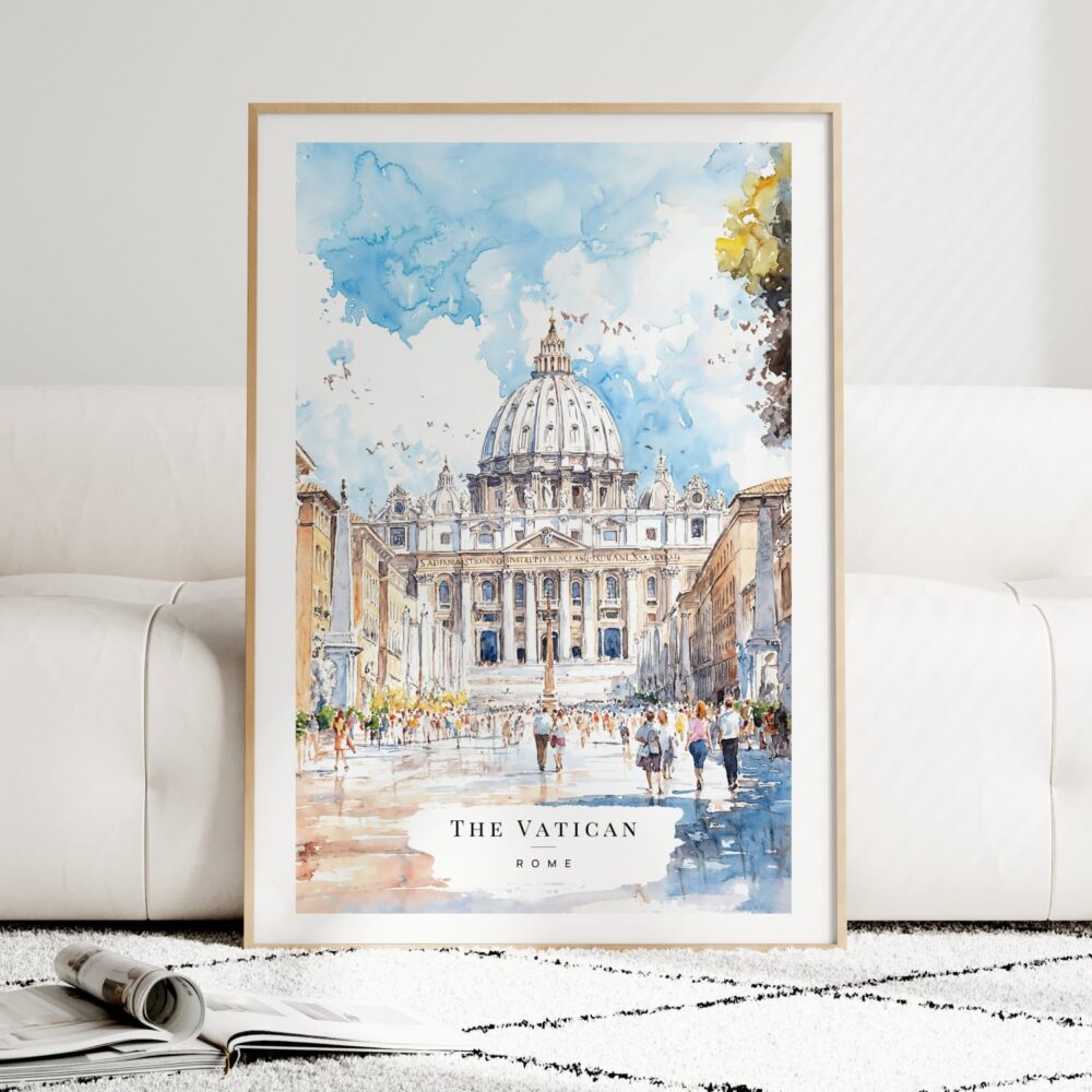 The Vatican Watercolor Art Print - Wood Frame standing on Floor The Vatican Watercolor Art Print - Wood Frame standing on Floor