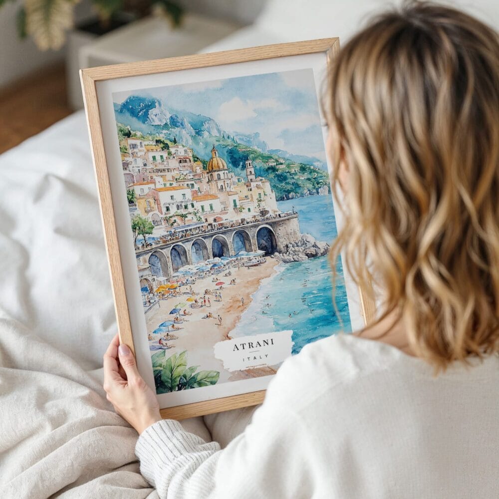 Woman Holding Framed Atrani Italy Watercolor Wall Art - Portrait Woman Holding Framed Atrani Italy Watercolor Wall Art - Portrait