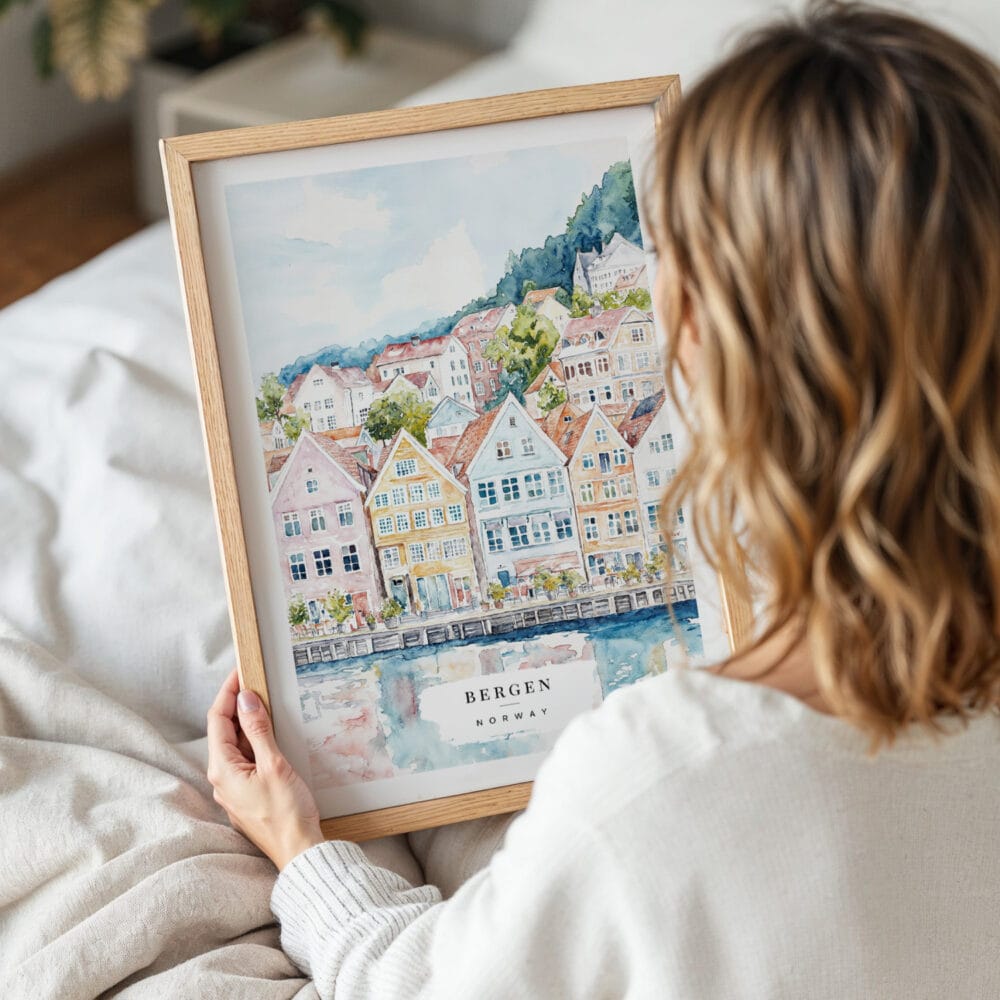 Woman Holding Framed Bergen Norway Houses Watercolor Wall Art - Portrait Woman Holding Framed Bergen Norway Houses Watercolor Wall Art - Portrait