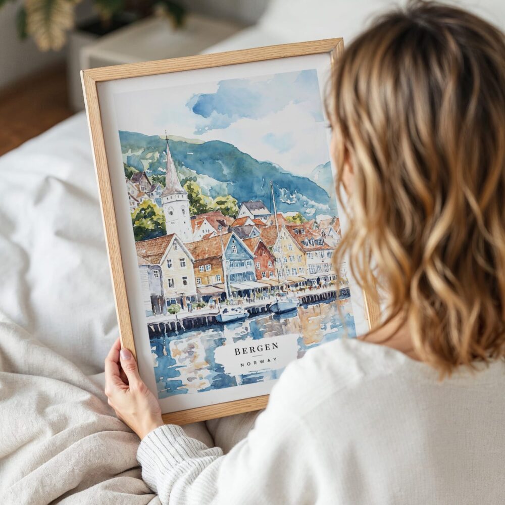 Woman Holding Framed Bergen Norway Waterfront Watercolor Wall Art - Portrait Woman Holding Framed Bergen Norway Waterfront Watercolor Wall Art - Portrait