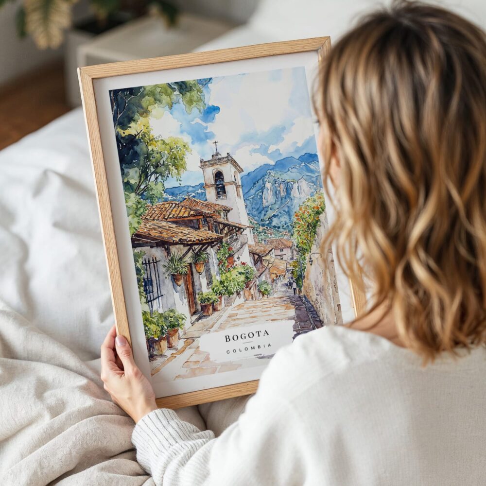 Woman Holding Framed Bogota Colombia Watercolor Wall Art - Portrait Woman Holding Framed Bogota Colombia Watercolor Wall Art - Portrait