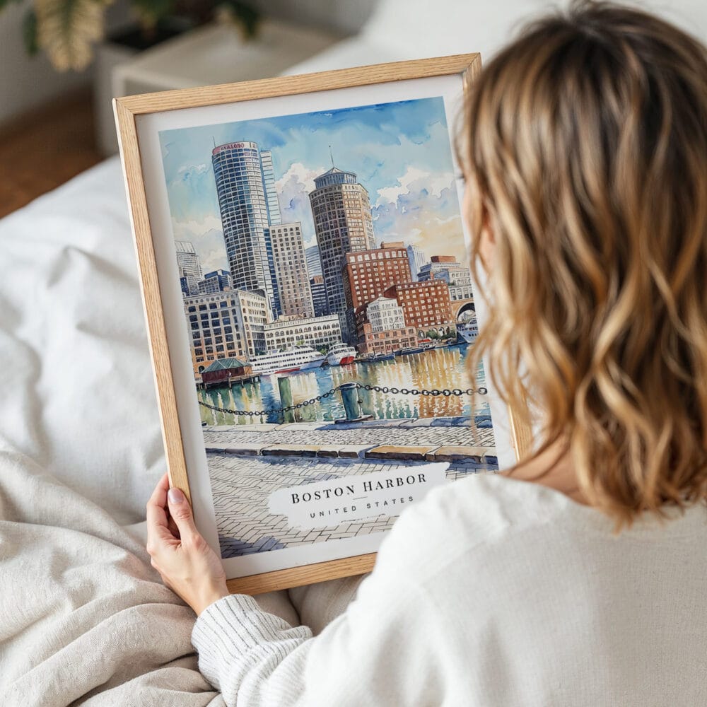 Woman Holding Framed Boston Harbor Watercolor Wall Art - Portrait Woman Holding Framed Boston Harbor Watercolor Wall Art - Portrait