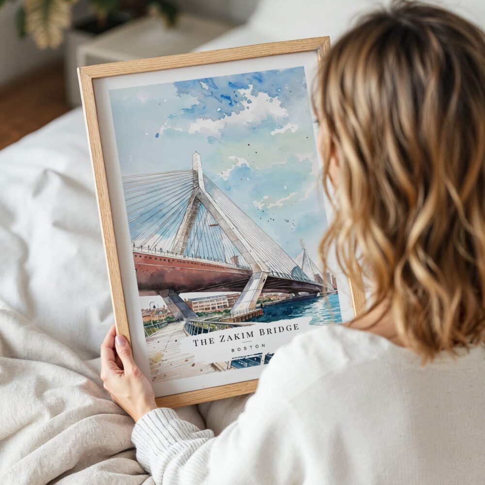 Woman Holding Framed Boston Zakim Bridge Watercolor Wall Art - Portrait Woman Holding Framed Boston Zakim Bridge Watercolor Wall Art - Portrait