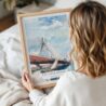 Woman Holding Framed Boston Zakim Bridge Watercolor Wall Art - Portrait