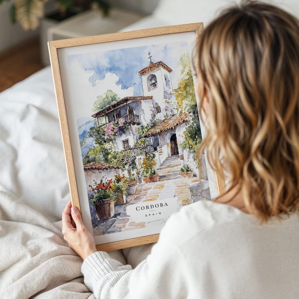 Woman Holding Framed Cordoba Spain Watercolor Wall Art - Portrait Woman Holding Framed Cordoba Spain Watercolor Wall Art - Portrait