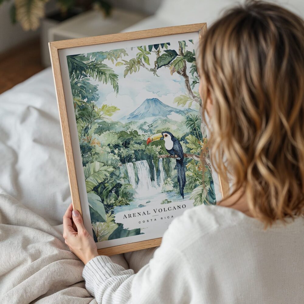 Woman Holding Framed Costa Rica Arenal Vulcano Watercolor Wall Art - Portrait Woman Holding Framed Costa Rica Arenal Vulcano Watercolor Wall Art - Portrait