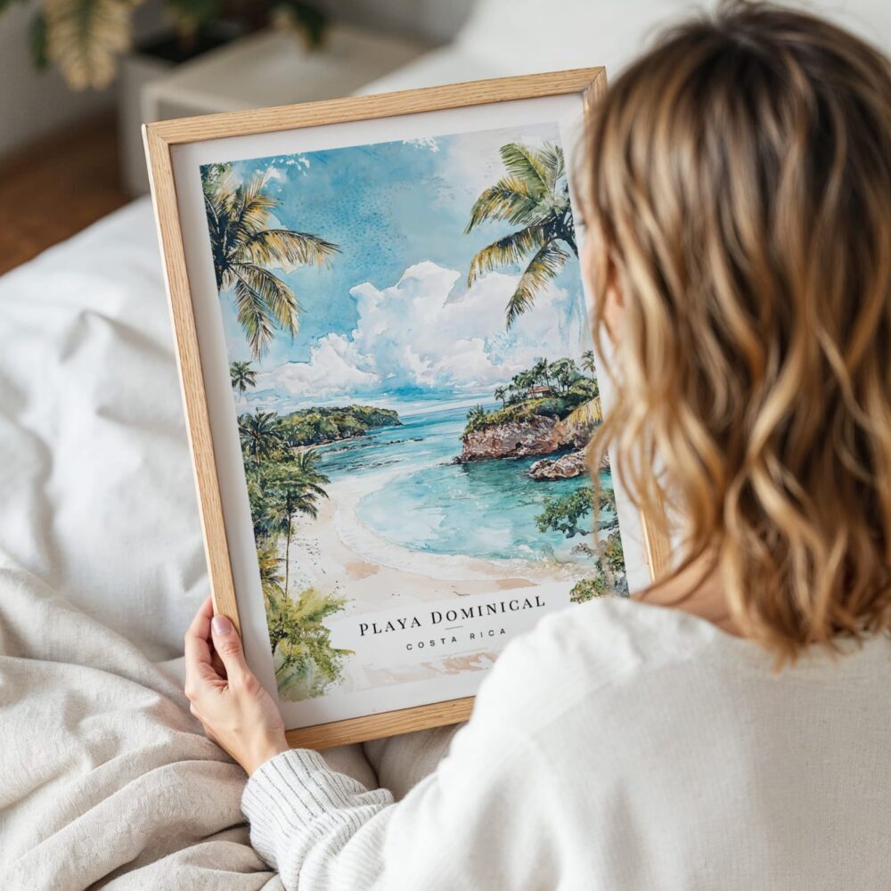 Woman Holding Framed Costa Rica Playa Dominical Watercolor Wall Art - Portrait Woman Holding Framed Costa Rica Playa Dominical Watercolor Wall Art - Portrait