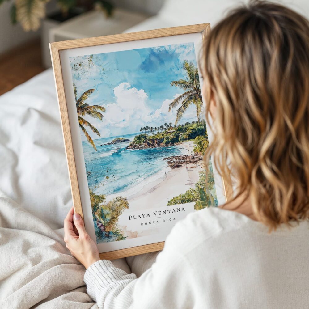 Woman Holding Framed Costa Rica Playa Ventana Watercolor Wall Art - Portrait Woman Holding Framed Costa Rica Playa Ventana Watercolor Wall Art - Portrait