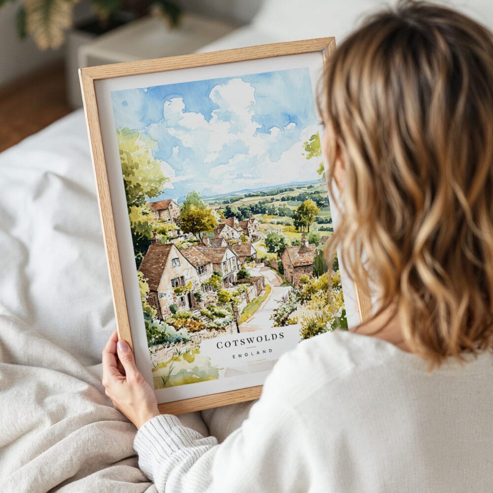 Woman Holding Framed Cotswolds Watercolor Wall Art - Portrait Woman Holding Framed Cotswolds Watercolor Wall Art - Portrait