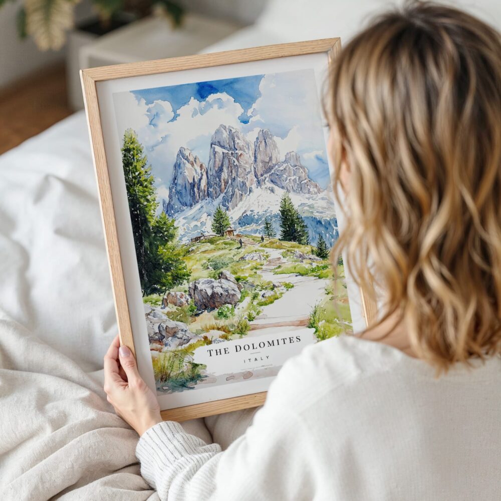 Woman Holding Framed Dolomites Hiking Watercolor Wall Art - Portrait Woman Holding Framed Dolomites Hiking Watercolor Wall Art - Portrait