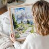 Woman Holding Framed Dolomites Hiking Watercolor Wall Art - Portrait