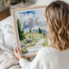 Woman Holding Framed Dolomites Hiking Watercolor Wall Art - Portrait