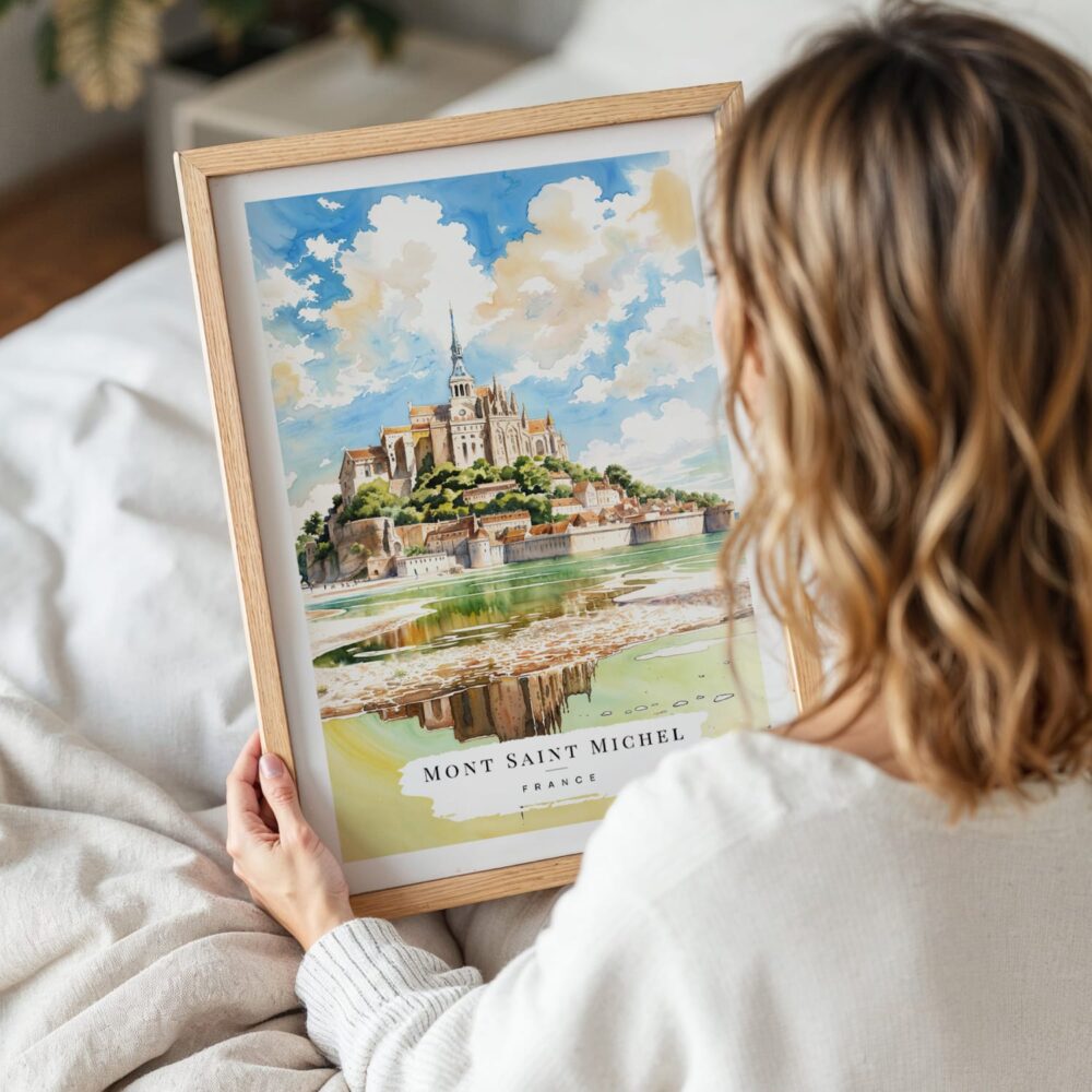 Woman Holding Framed France Mont Saint Michel Watercolor Wall Art - Portrait Woman Holding Framed France Mont Saint Michel Watercolor Wall Art - Portrait