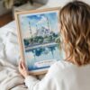 Woman Holding Framed Istanbul Blue Mosque Watercolor Wall Art - Portrait