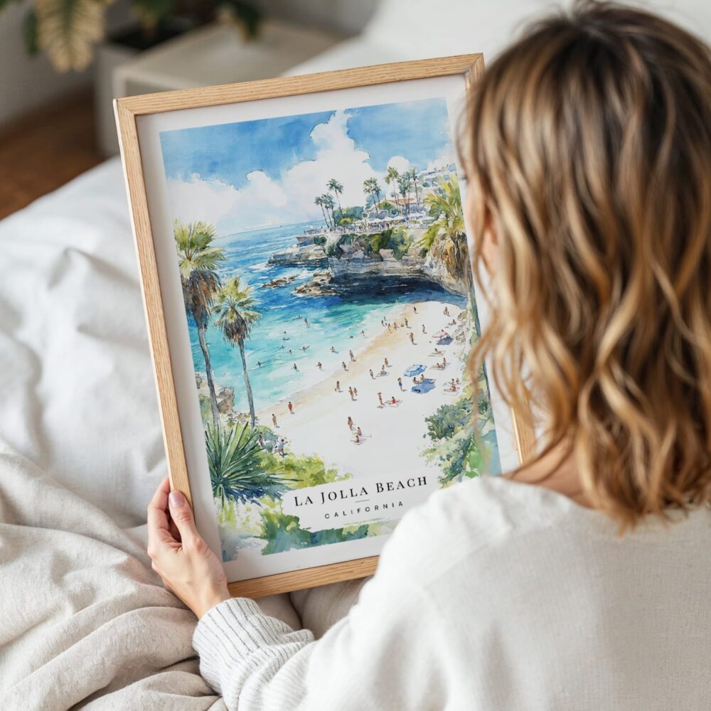 Woman Holding Framed La Jolla Beach Watercolor Wall Art - Portrait Woman Holding Framed La Jolla Beach Watercolor Wall Art - Portrait