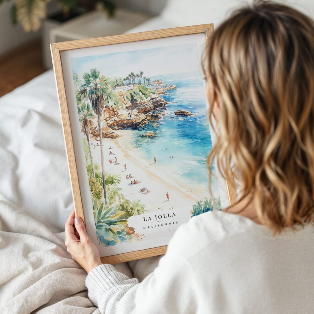 Woman Holding Framed La Jolla Cove Watercolor Wall Art - Portrait Woman Holding Framed La Jolla Cove Watercolor Wall Art - Portrait