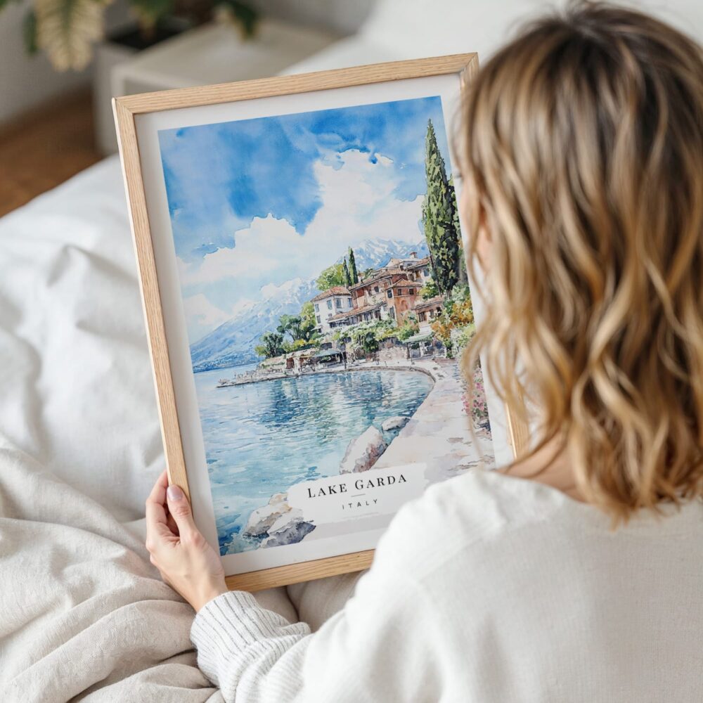 Woman Holding Framed Lake Garda Italy Watercolor Wall Art - Portrait Woman Holding Framed Lake Garda Italy Watercolor Wall Art - Portrait