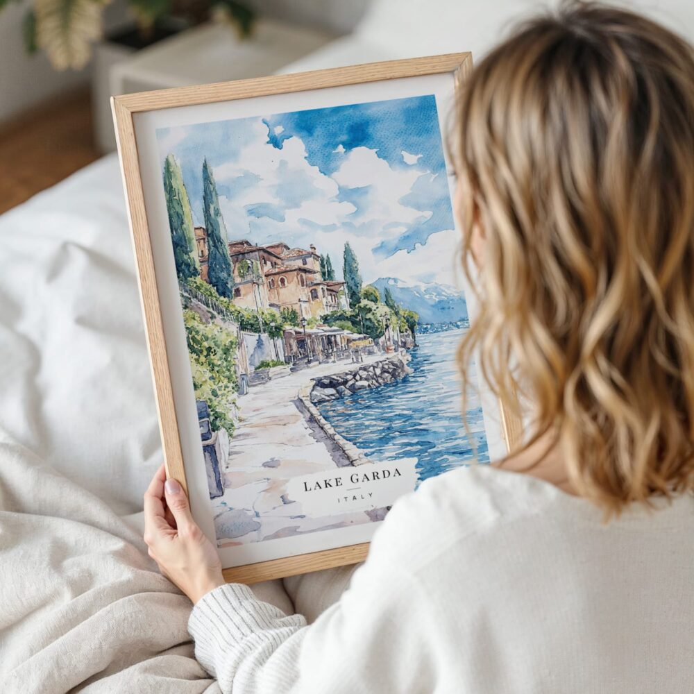 Woman Holding Framed Lake Garda Watercolor Wall Art - Portrait Woman Holding Framed Lake Garda Watercolor Wall Art - Portrait