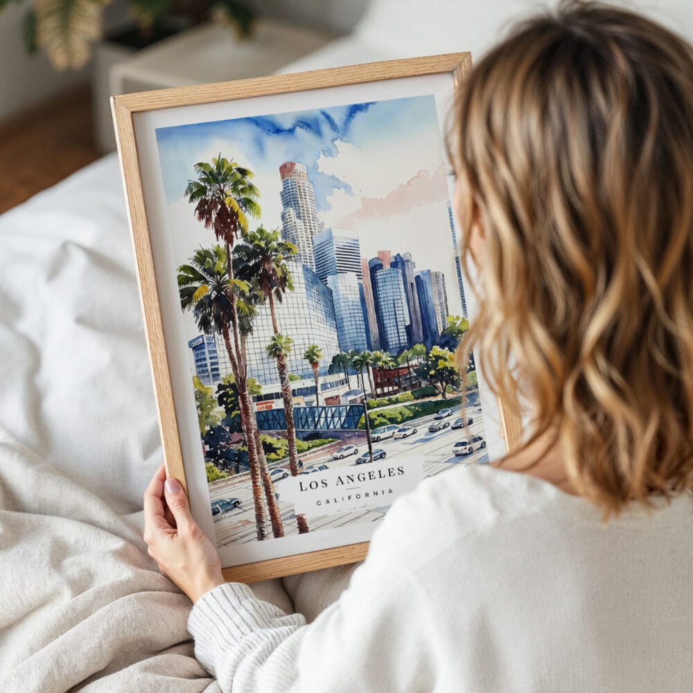 Woman Holding Framed Los Angeles Downtown Watercolor Wall Art - Portrait Woman Holding Framed Los Angeles Downtown Watercolor Wall Art - Portrait