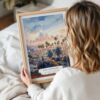 Woman Holding Framed Los Angeles Skyline Watercolor Wall Art - Portrait