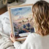 Woman Holding Framed Los Angeles Skyline Watercolor Wall Art - Portrait