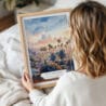 Woman Holding Framed Los Angeles Skyline Watercolor Wall Art - Portrait
