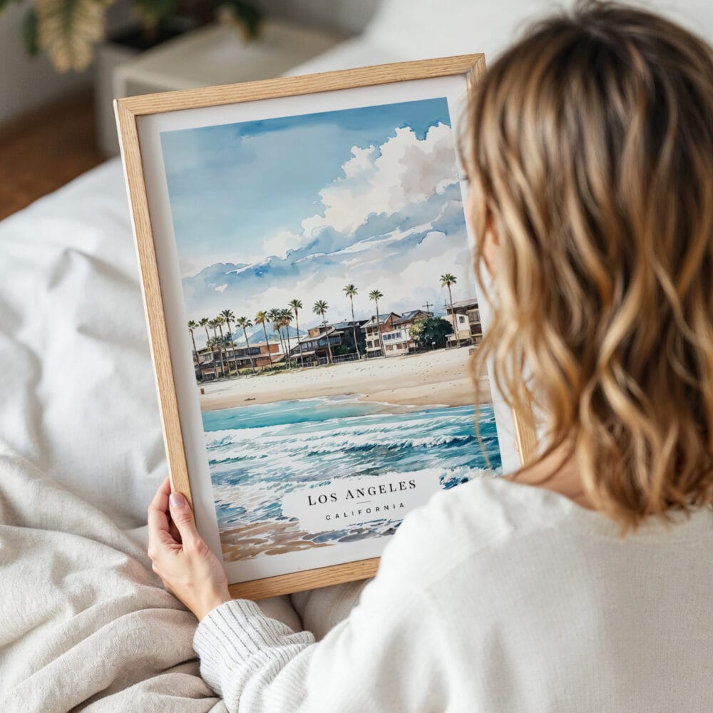 Woman Holding Framed Los Angeles Waterfront Watercolor Wall Art - Portrait Woman Holding Framed Los Angeles Waterfront Watercolor Wall Art - Portrait
