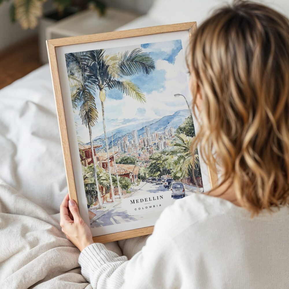 Woman Holding Framed Medellin Colombia Skyline Watercolor Wall Art - Portrait Woman Holding Framed Medellin Colombia Skyline Watercolor Wall Art - Portrait