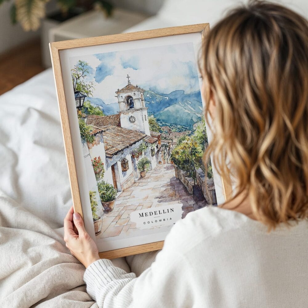 Woman Holding Framed Medellin Old Town Watercolor Wall Art - Portrait Woman Holding Framed Medellin Old Town Watercolor Wall Art - Portrait
