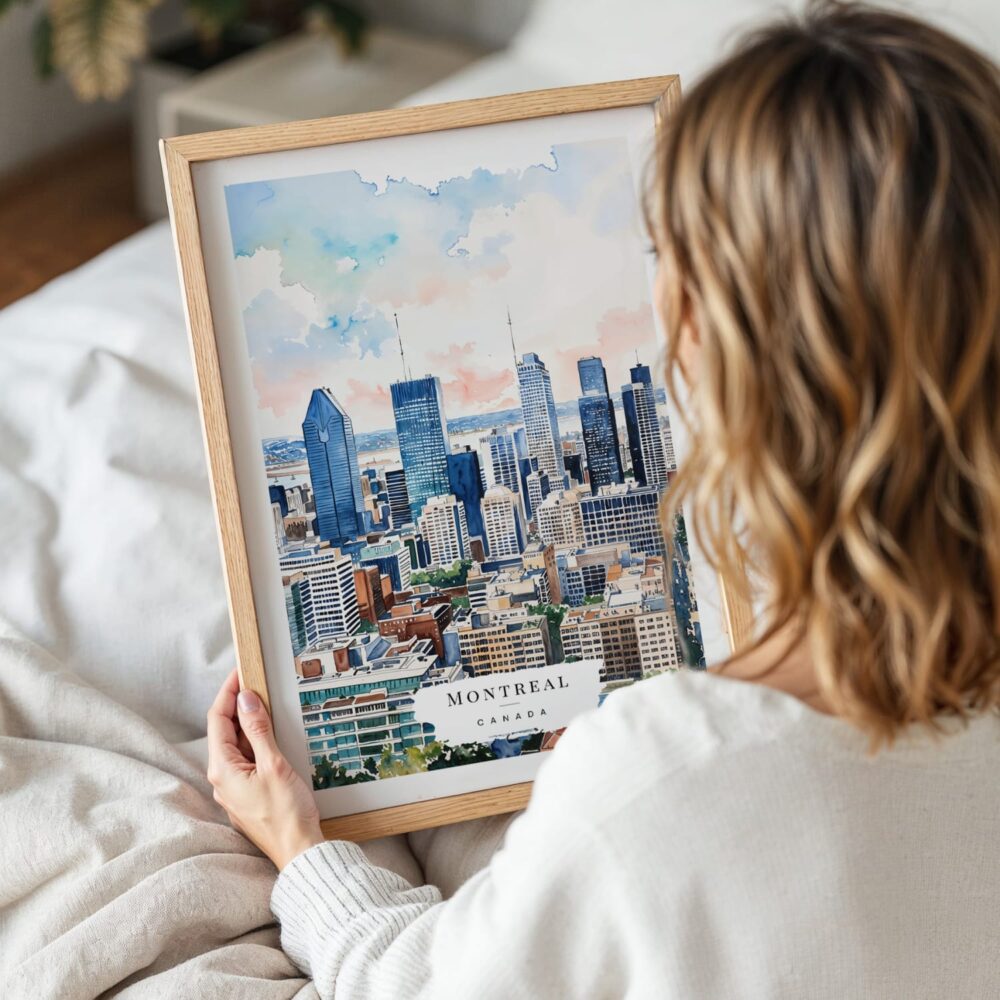 Woman Holding Framed Montreal Skyline Watercolor Wall Art - Portrait Woman Holding Framed Montreal Skyline Watercolor Wall Art - Portrait