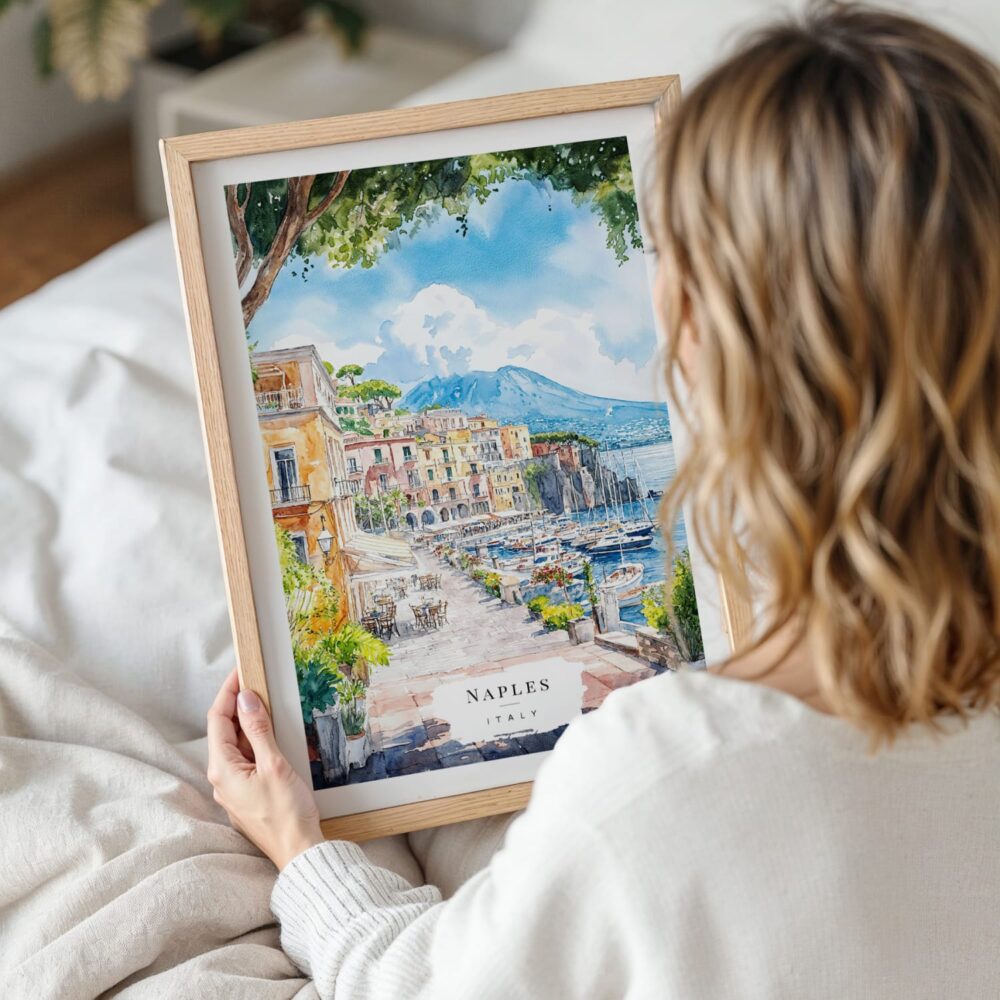 Woman Holding Framed Naples Italy Watercolor Wall Art - Portrait Woman Holding Framed Naples Italy Watercolor Wall Art - Portrait