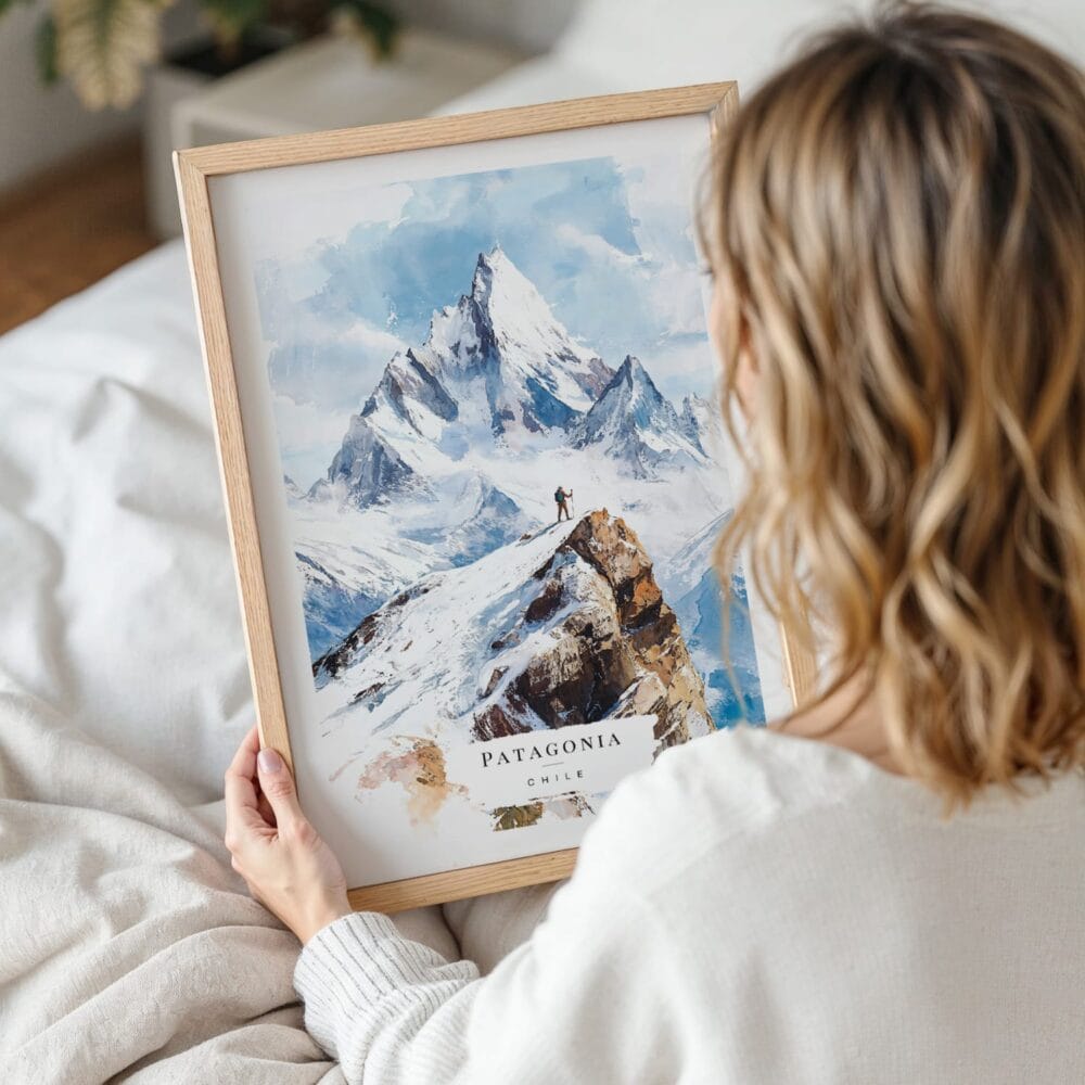 Woman Holding Framed Patagonia Chile Watercolor Wall Art - Portrait Woman Holding Framed Patagonia Chile Watercolor Wall Art - Portrait