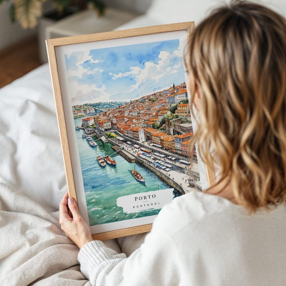 Woman Holding Framed Porto Skyline Watercolor Wall Art - Portrait Woman Holding Framed Porto Skyline Watercolor Wall Art - Portrait