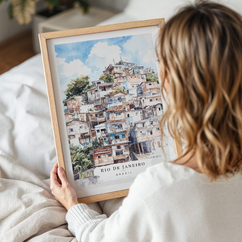 Woman Holding Framed Rio De Janeiro Favela Watercolor Wall Art - Portrait Woman Holding Framed Rio De Janeiro Favela Watercolor Wall Art - Portrait